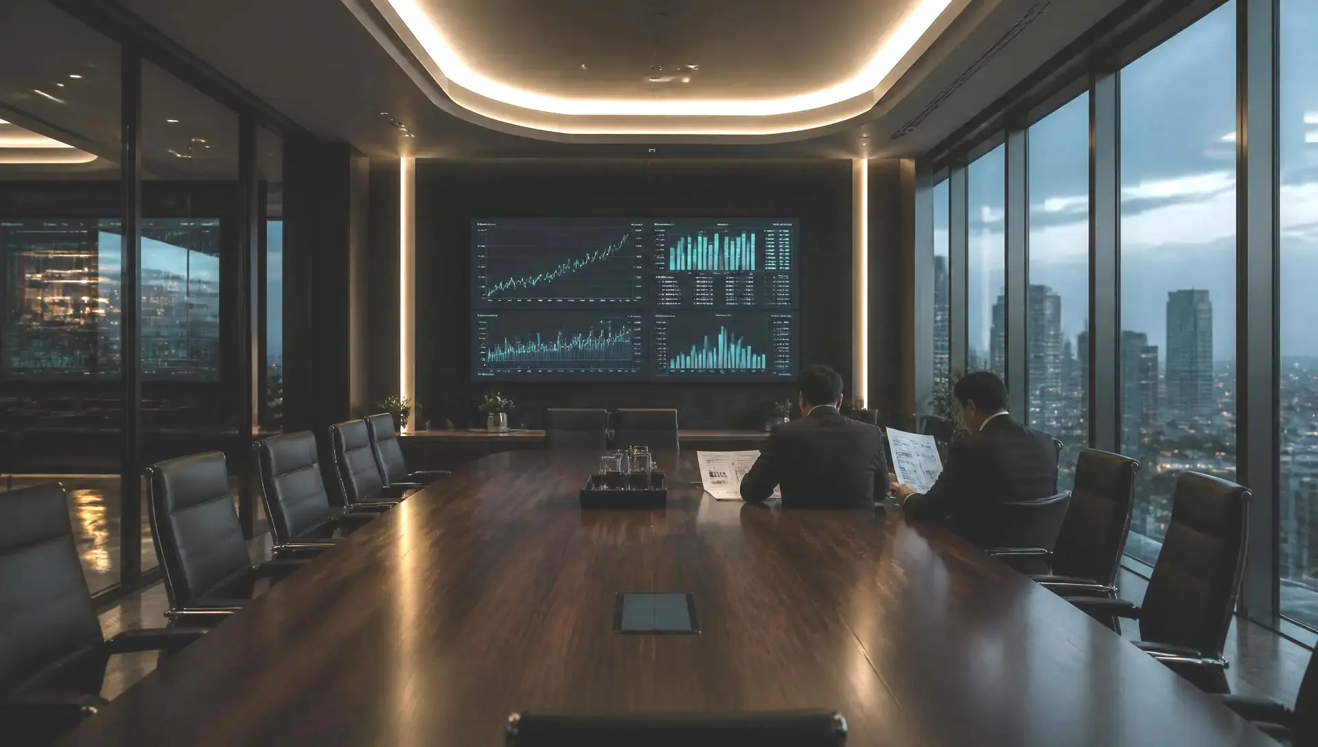 Executive boardroom with financial dashboards overlooking a California city skyline
